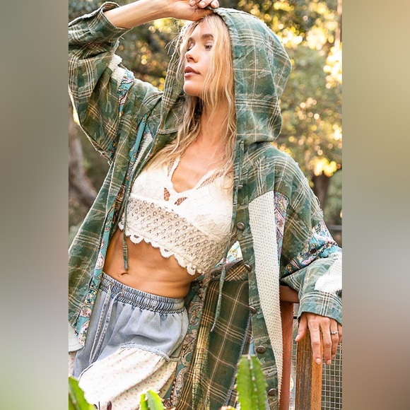 LAST ONE New! POL Olive Green Multi Color Patchwork Plaid Hoodie Top - Picture 2 of 5